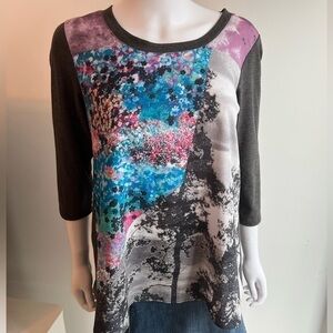 BOBEAU | Long Sleeve Tee with Floral and Trees Abstract Graphic